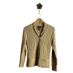 Lauren RL Small Yellow Handknit Cable Knit Cardigan Sweater Quiet Luxury Preppy